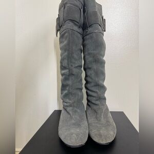 Gray Suede Knee-High Women's Boots Size 7 Slouchy with gold buckle Wedge heel